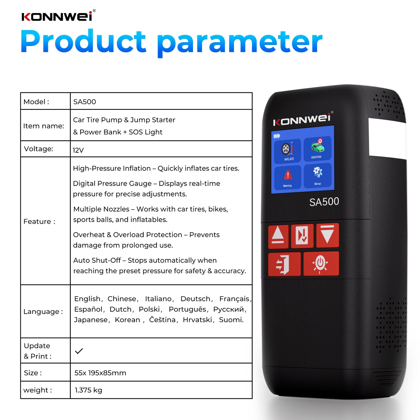 KONNWEI SA500 5-in-1 Jump Starter | 2000A Peak, Air Compressor & Power Bank