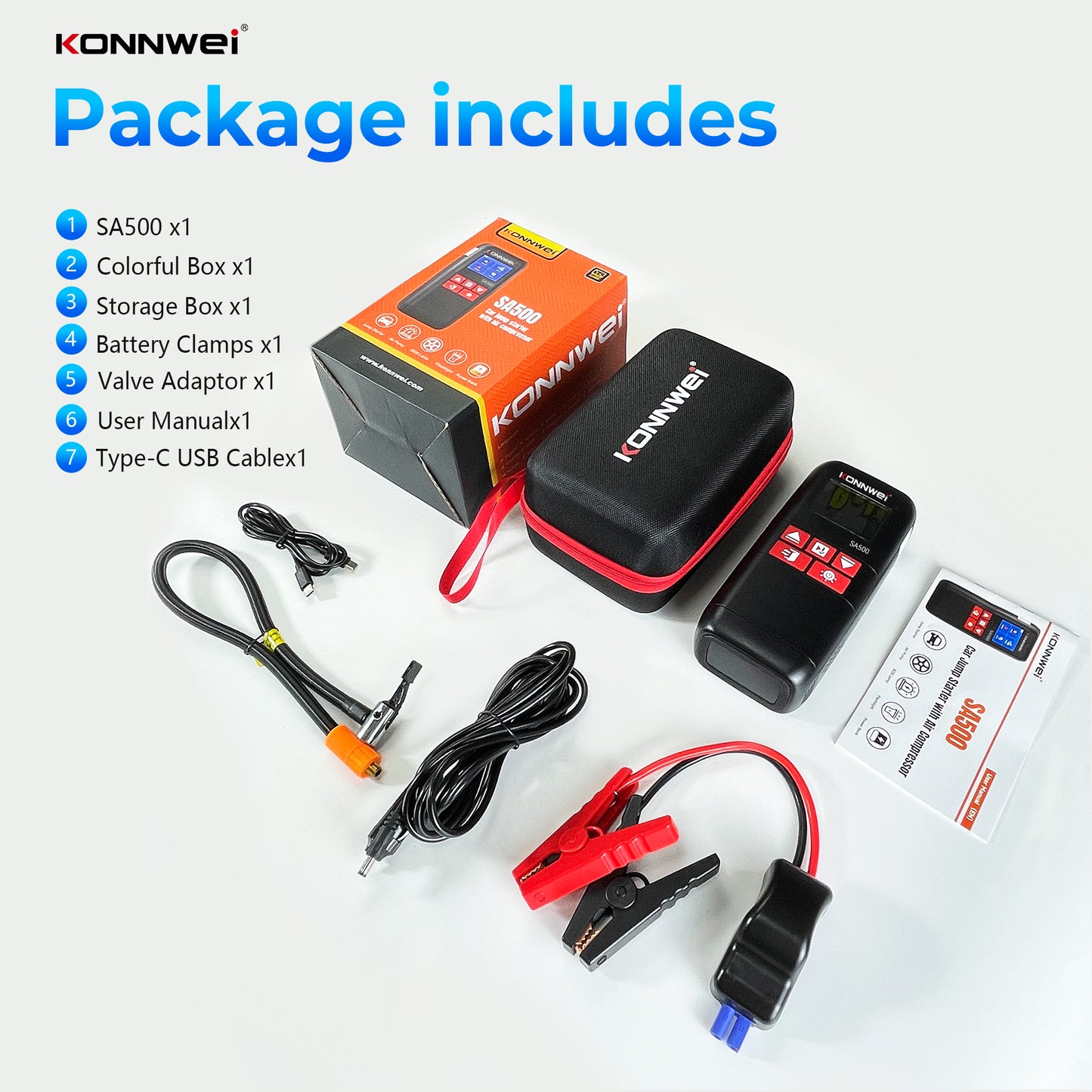 KONNWEI SA500 5-in-1 Jump Starter | 2000A Peak, Air Compressor & Power Bank