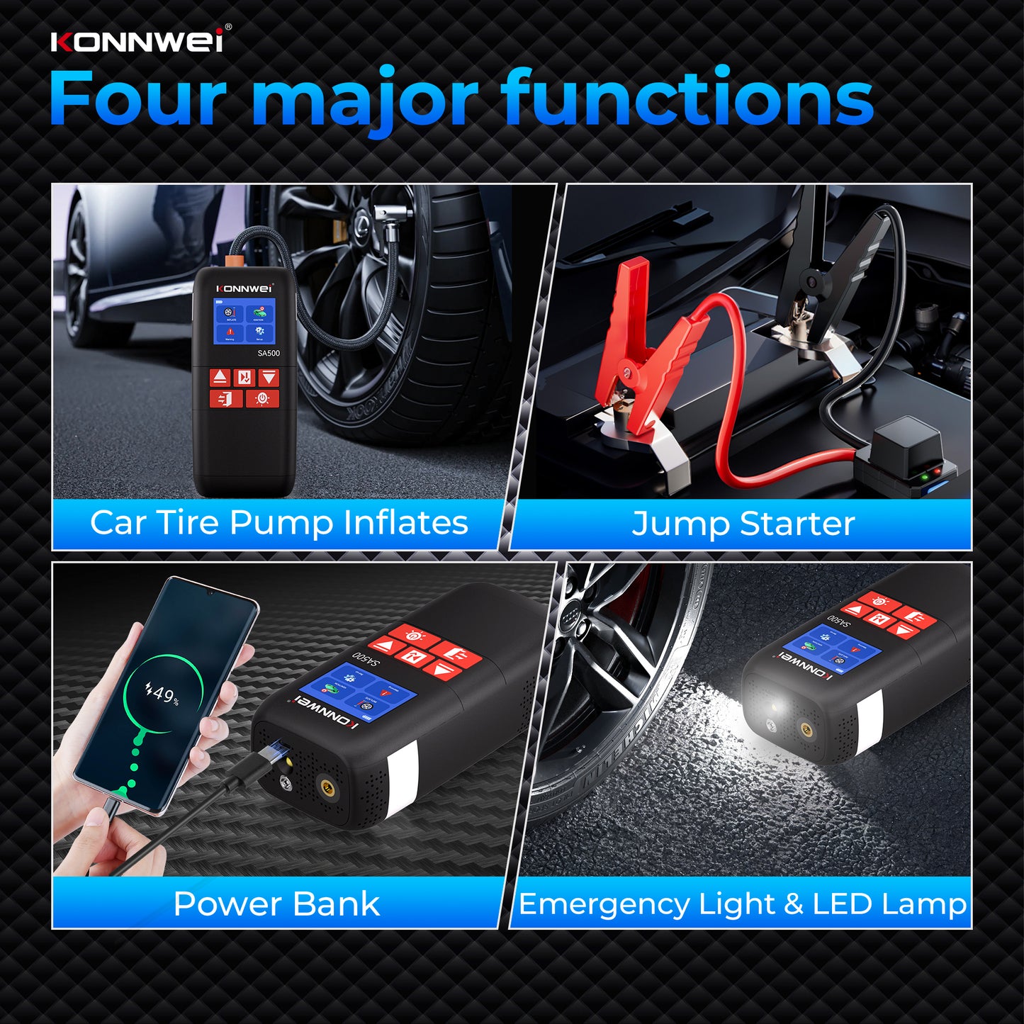 KONNWEI SA500 5-in-1 Jump Starter | 2000A Peak, Air Compressor & Power Bank