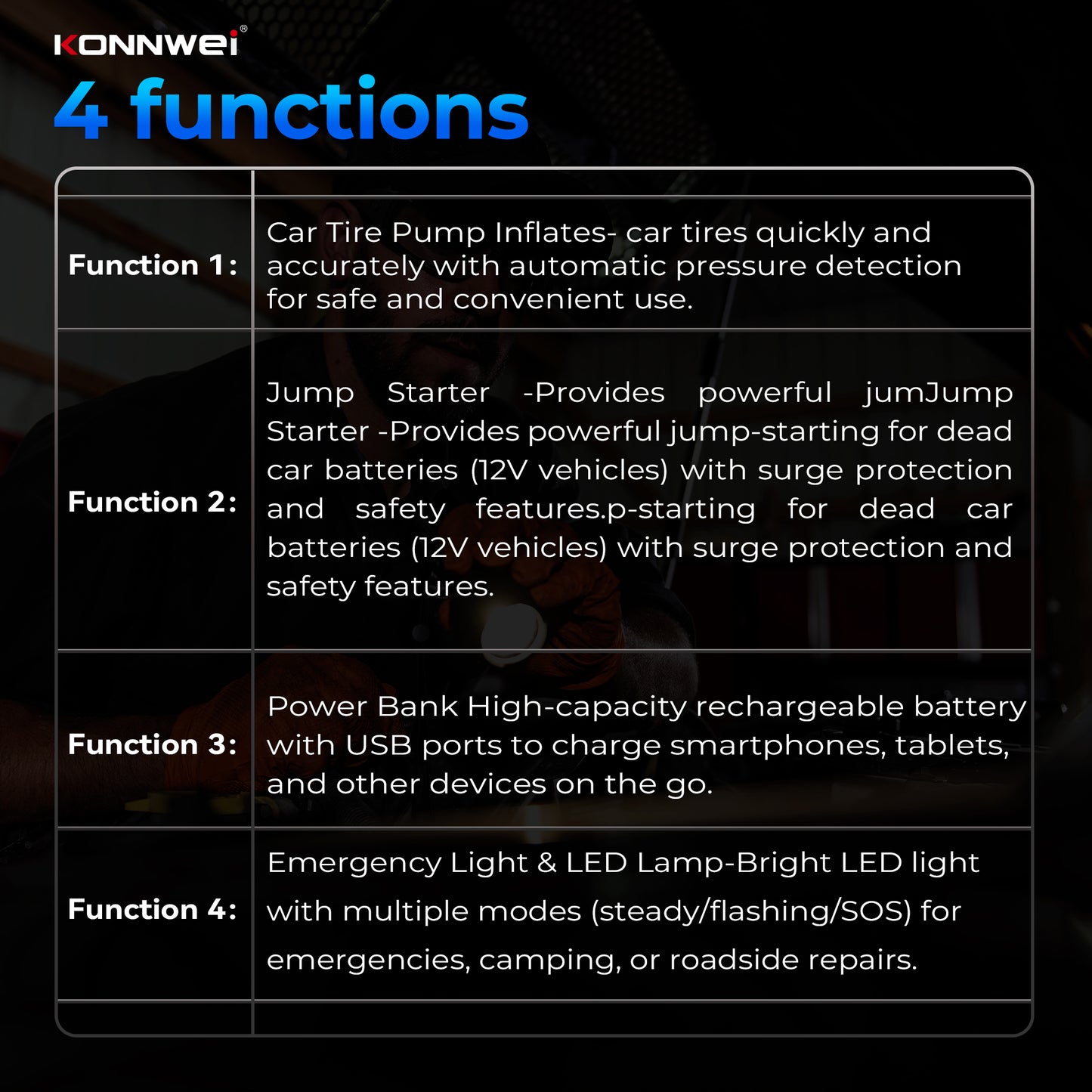 KONNWEI SA500 5-in-1 Jump Starter | 2000A Peak, Air Compressor & Power Bank