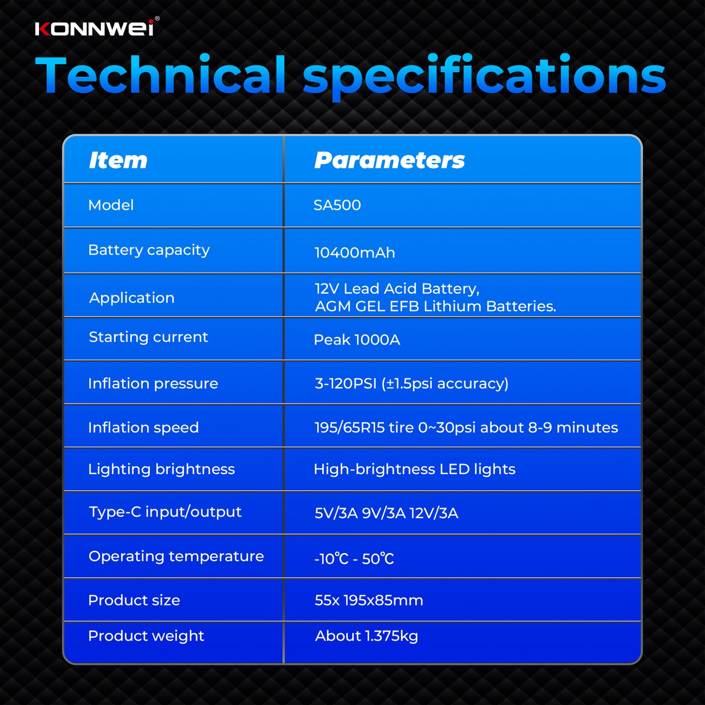 KONNWEI SA500 5-in-1 Jump Starter | 2000A Peak, Air Compressor & Power Bank