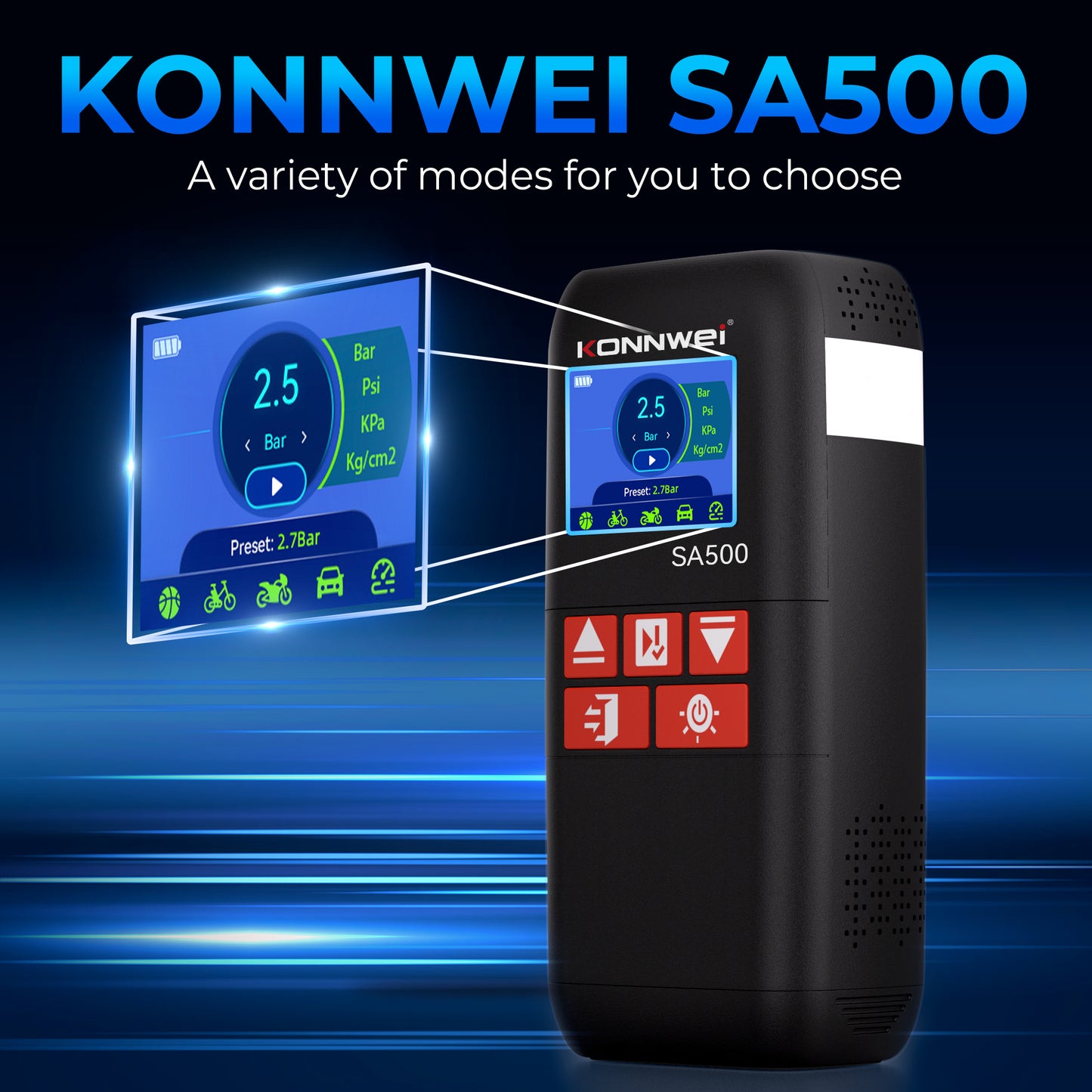 KONNWEI SA500 5-in-1 Jump Starter | 2000A Peak, Air Compressor & Power Bank