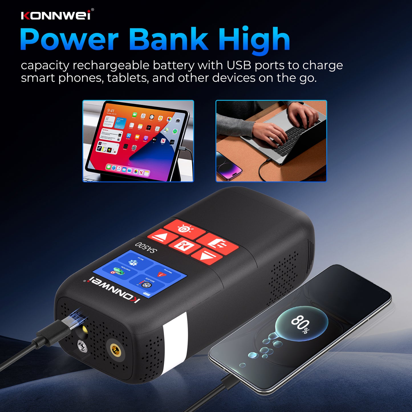 KONNWEI SA500 5-in-1 Jump Starter | 2000A Peak, Air Compressor & Power Bank