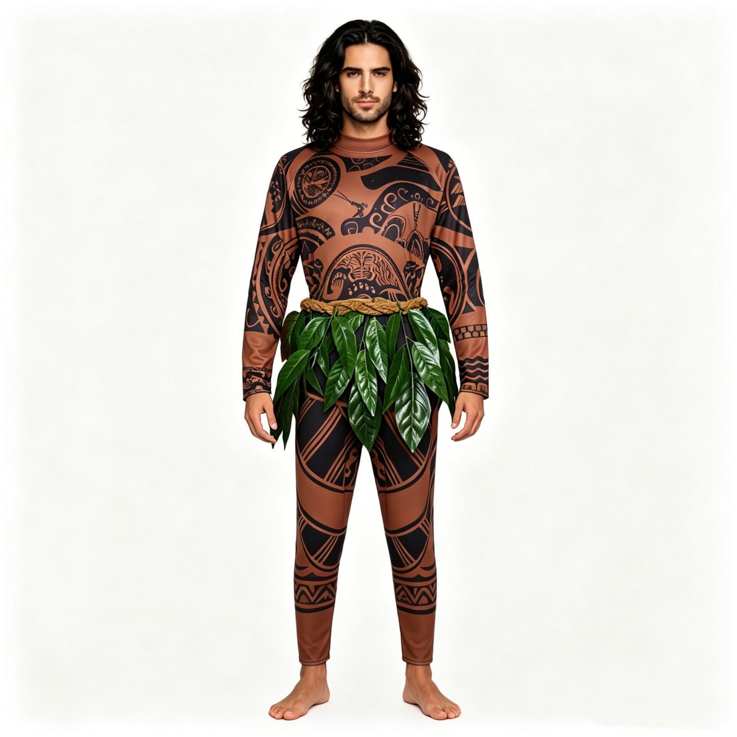 URSOFINE Island Warrior Costume for Men, Hawaiian Tattoo Costumes with Leaf Belt Black Wigs for Halloween, Ocean Theme Party Dress Up