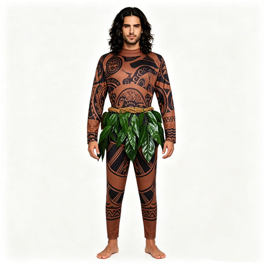URSOFINE Island Warrior Costume for Men, Hawaiian Tattoo Costumes with Leaf Belt Black Wigs for Halloween, Ocean Theme Party Dress Up