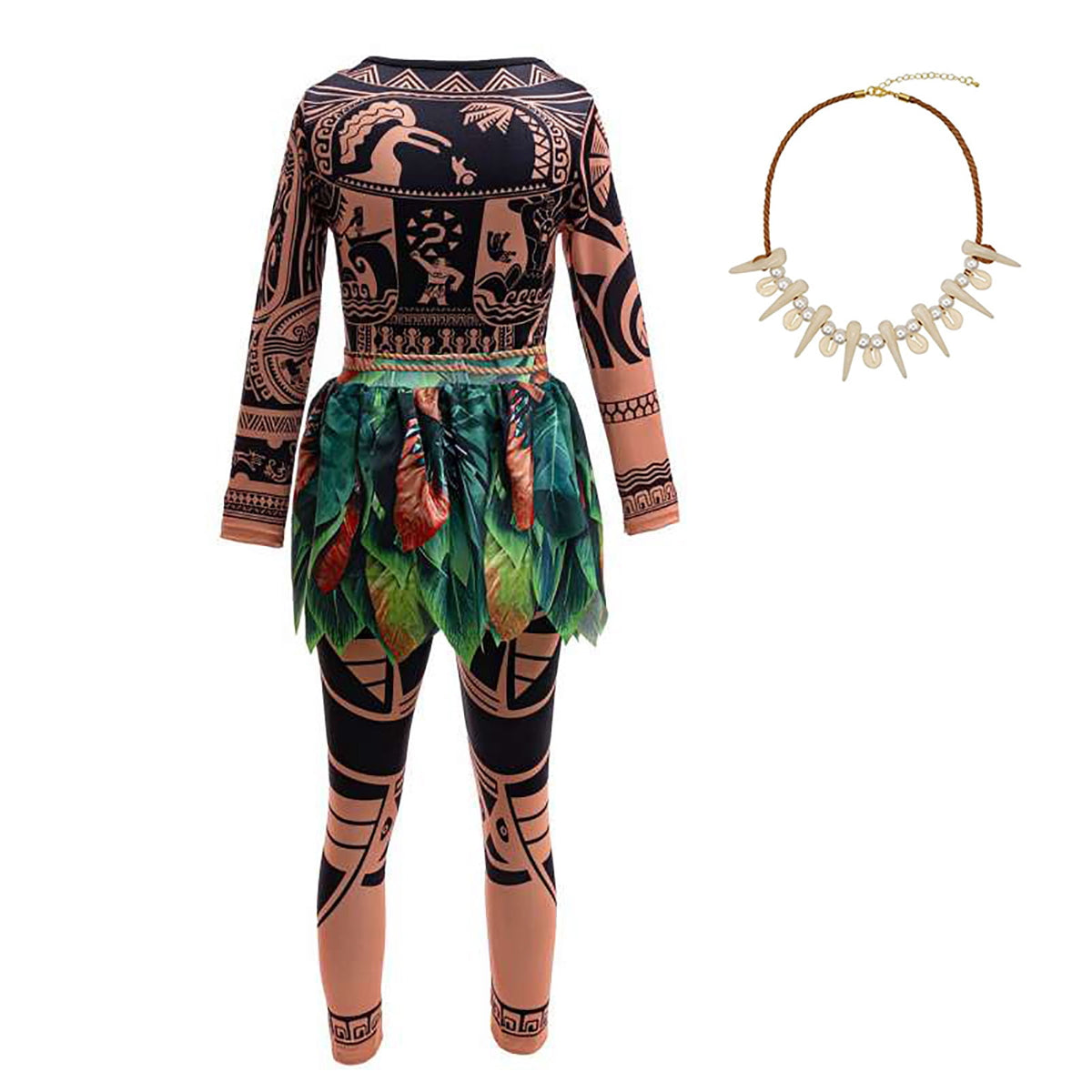 URSOFINE Ocean Adventure Role Play Costume, Island Explorer Hawaiian Party Outfit, 3D Printed Top & Pants with Leaf Design, Necklace & Wig Included