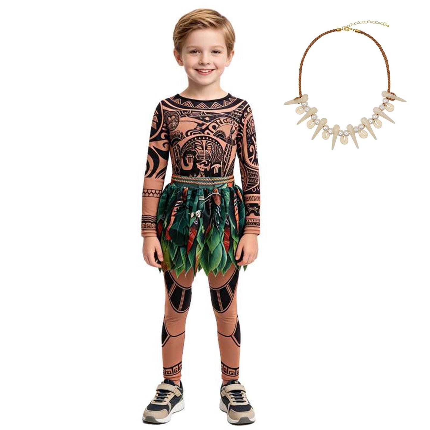 URSOFINE Ocean Adventure Role Play Costume,Island Warrior Halloween Costumes, Hawaiian Tattoo 3D Printed Apparel with Necklace & Wig