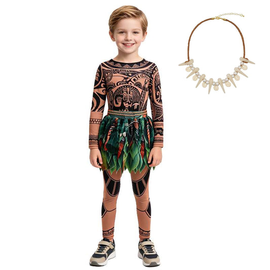 URSOFINE Ocean Adventure Role Play Costume,Island Warrior Halloween Costumes, Hawaiian Tattoo 3D Printed Apparel with Necklace & Wig