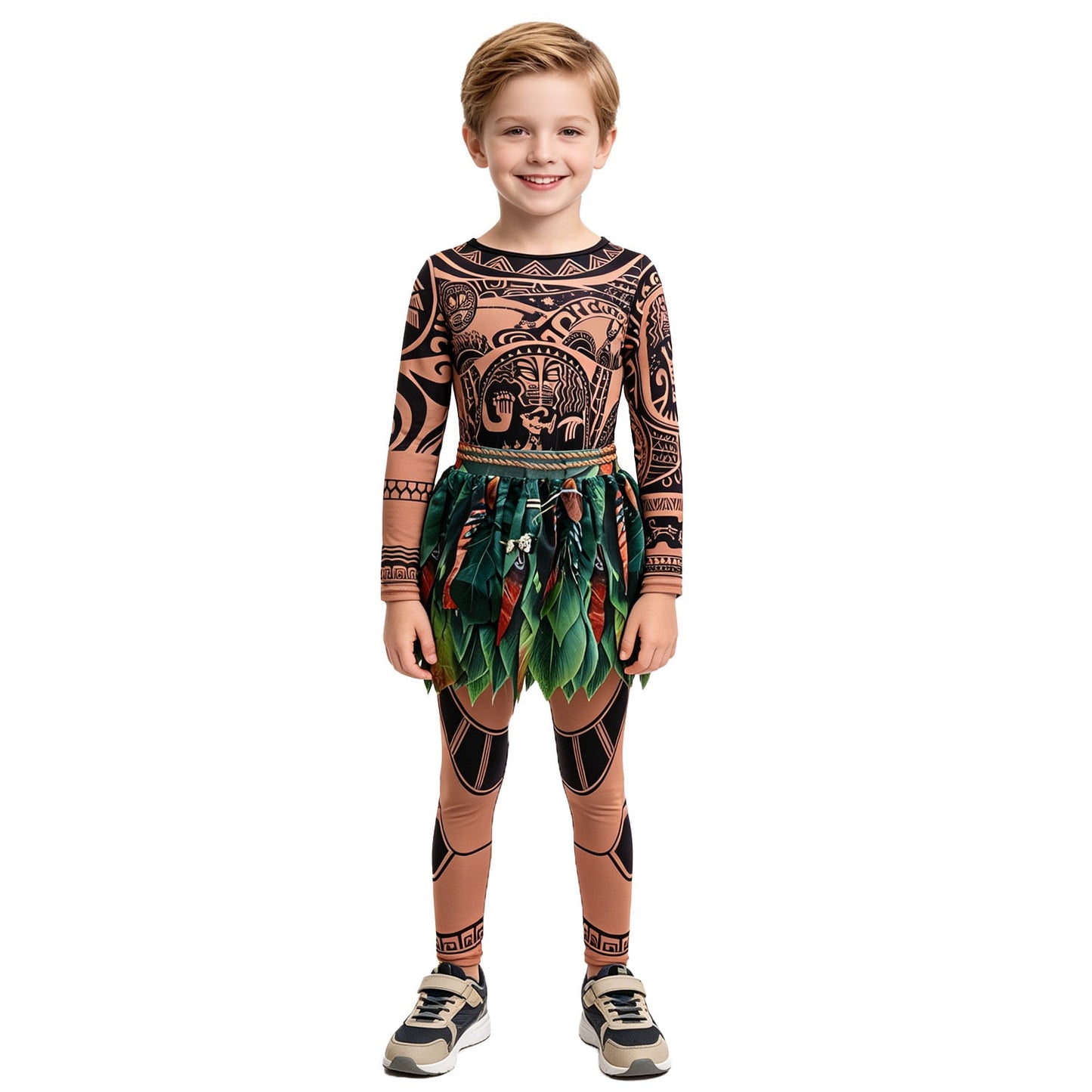 URSOFINE Ocean Adventure Role Play Costume,Island Warrior Halloween Costumes, Hawaiian Tattoo 3D Printed Apparel with Necklace & Wig