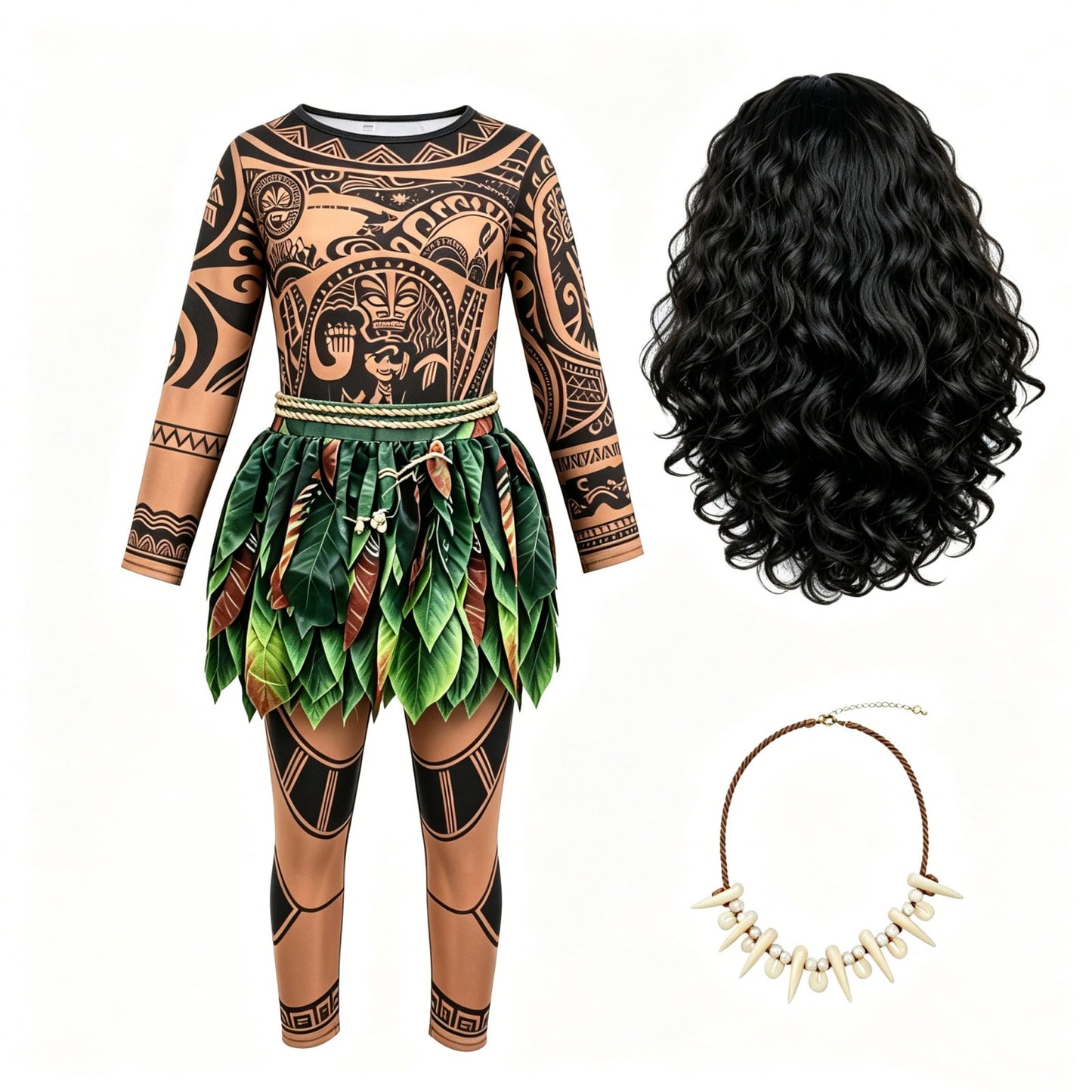 URSOFINE Ocean Adventure Role Play Costume,Island Warrior Halloween Costumes, Hawaiian Tattoo 3D Printed Apparel with Necklace & Wig