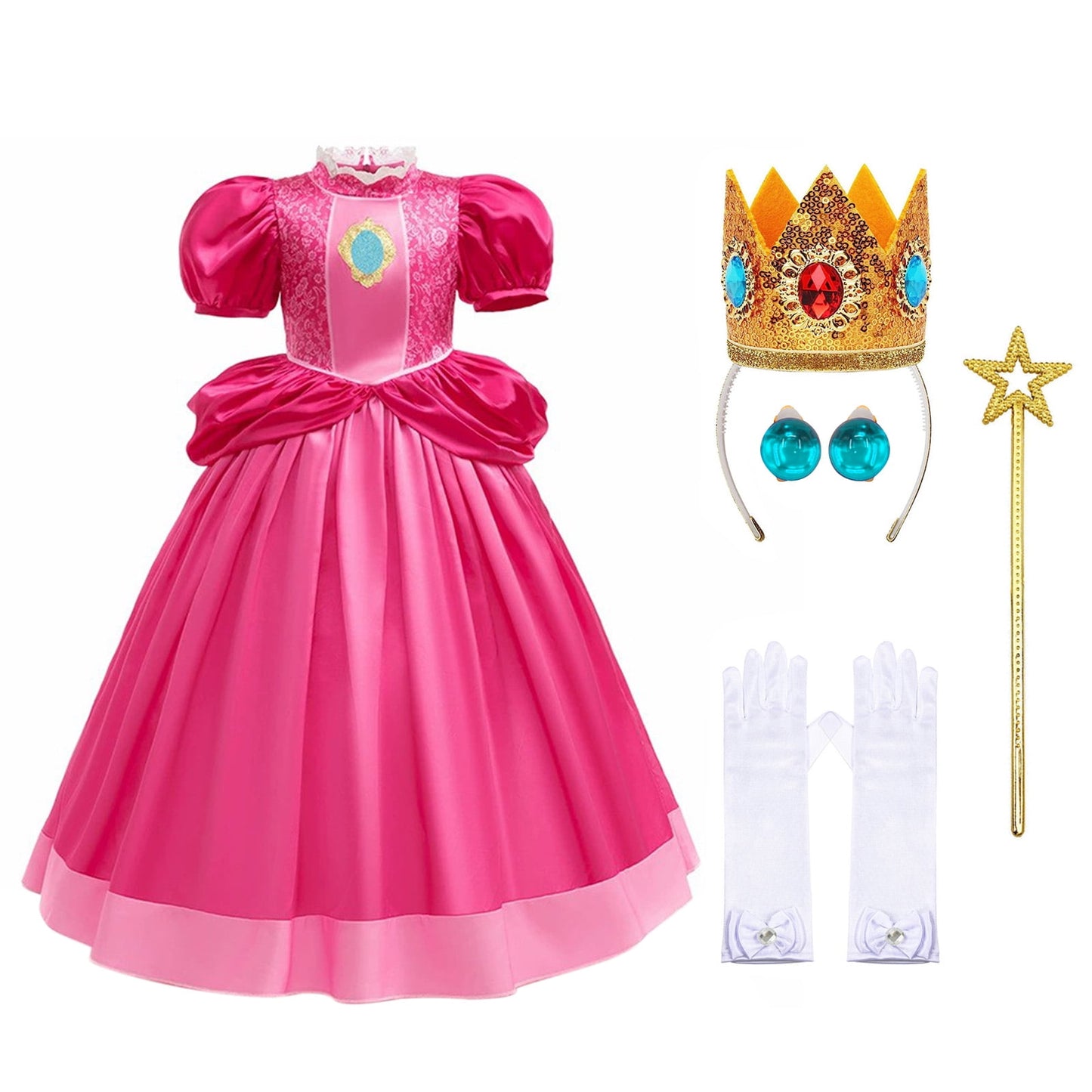 URSOFINE Pink Princess Dress with 4Pcs Accessories Set Puff Sleeve Tulle Gown Fancy Royal Costume Dress Up for Birthday Party Halloween Cosplay Outfit