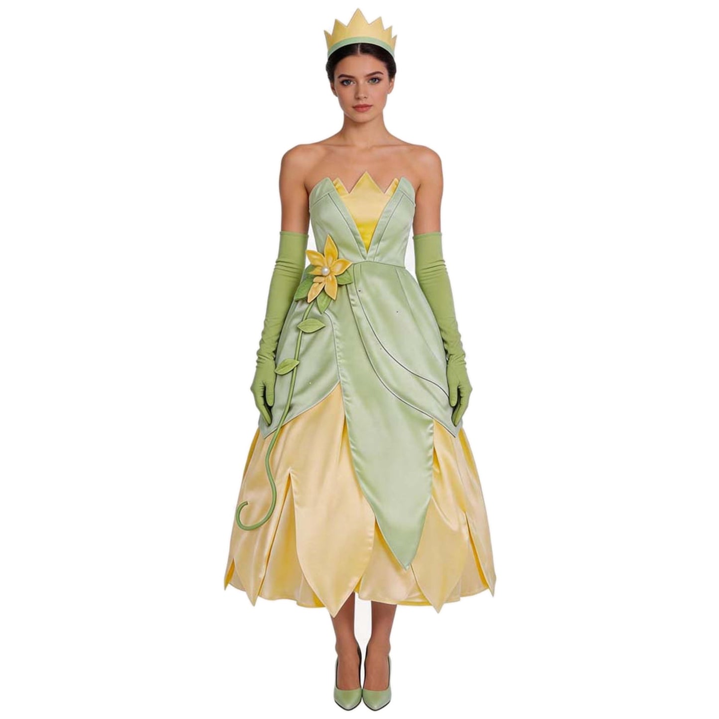 URSOFINE Princess Tiana Costume Women Green Flower Headband Gloves Halloween Fairy Dress Cosplay Outfits
