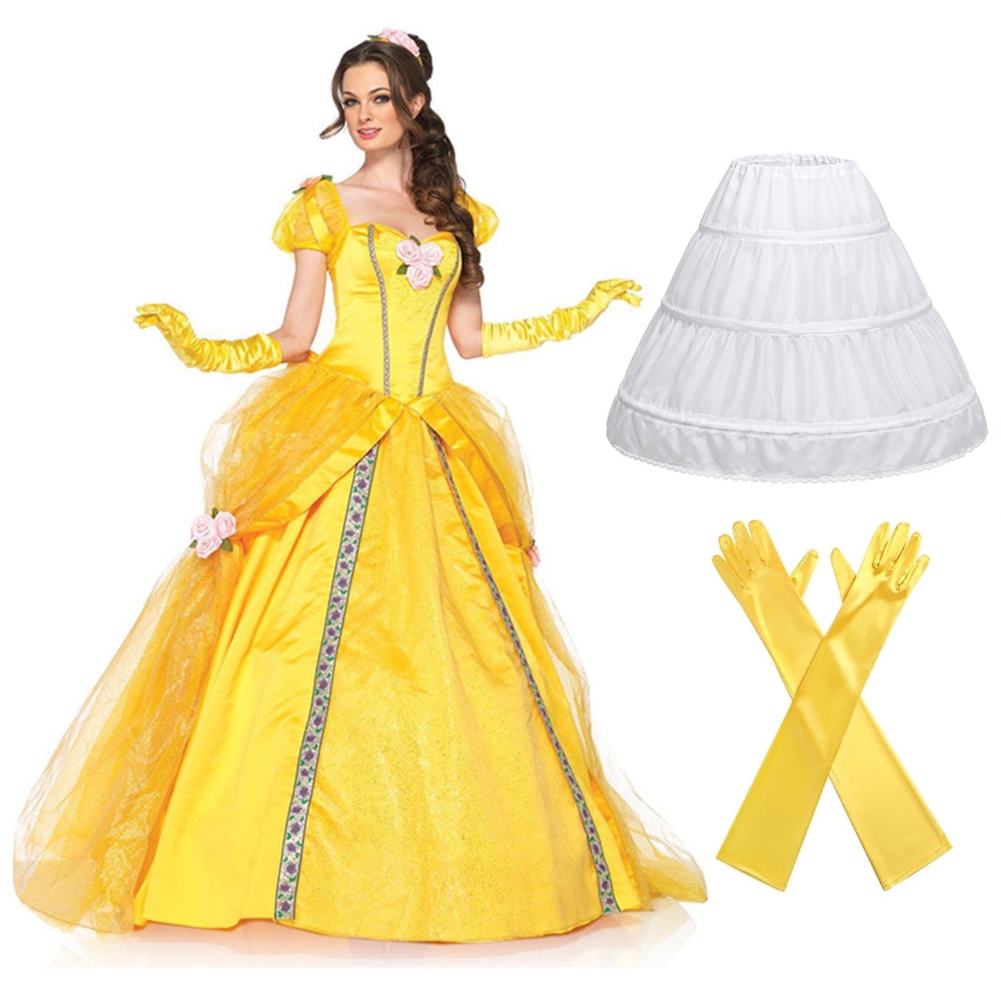 URSOFINE Women's Belle Costume Adult Yellow Off-Shoulder Princess Dress up Ball Gown Beauty Outfit Halloween Party Dress
