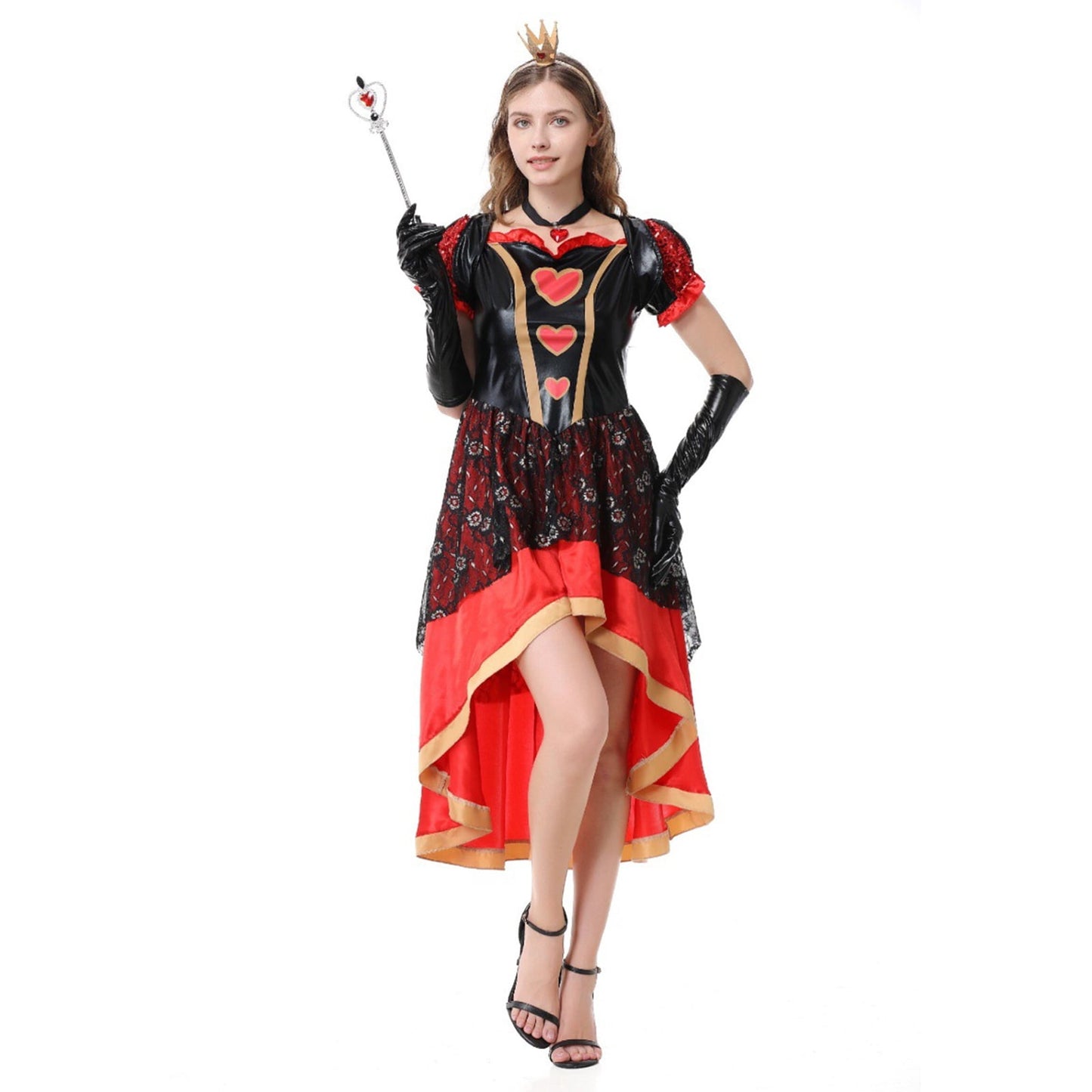URSOFINE Women's Heart Queen Costume Set, Black Red Lace High Low Dress with Crown Gloves for Halloween Fancy Dress Party