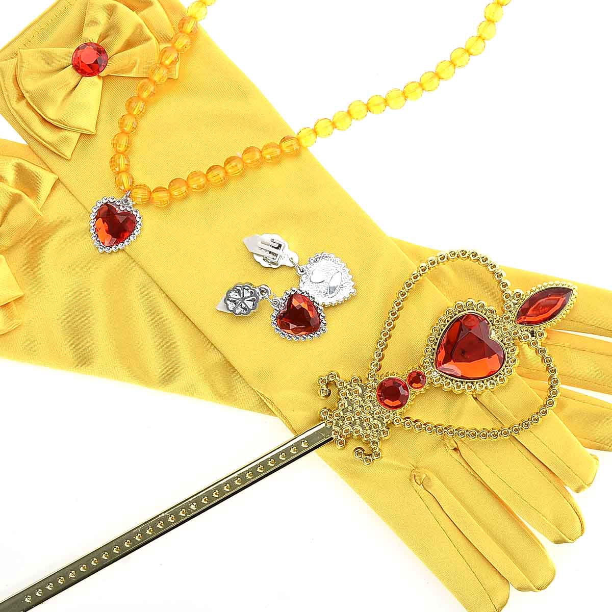 KAWELL Princess Dress Up Jewelry Dress Up Set for Girls Jewelry Accessories with Crowns, Necklaces, Wands, Gloves, Earrings (Yellow 5pcs)