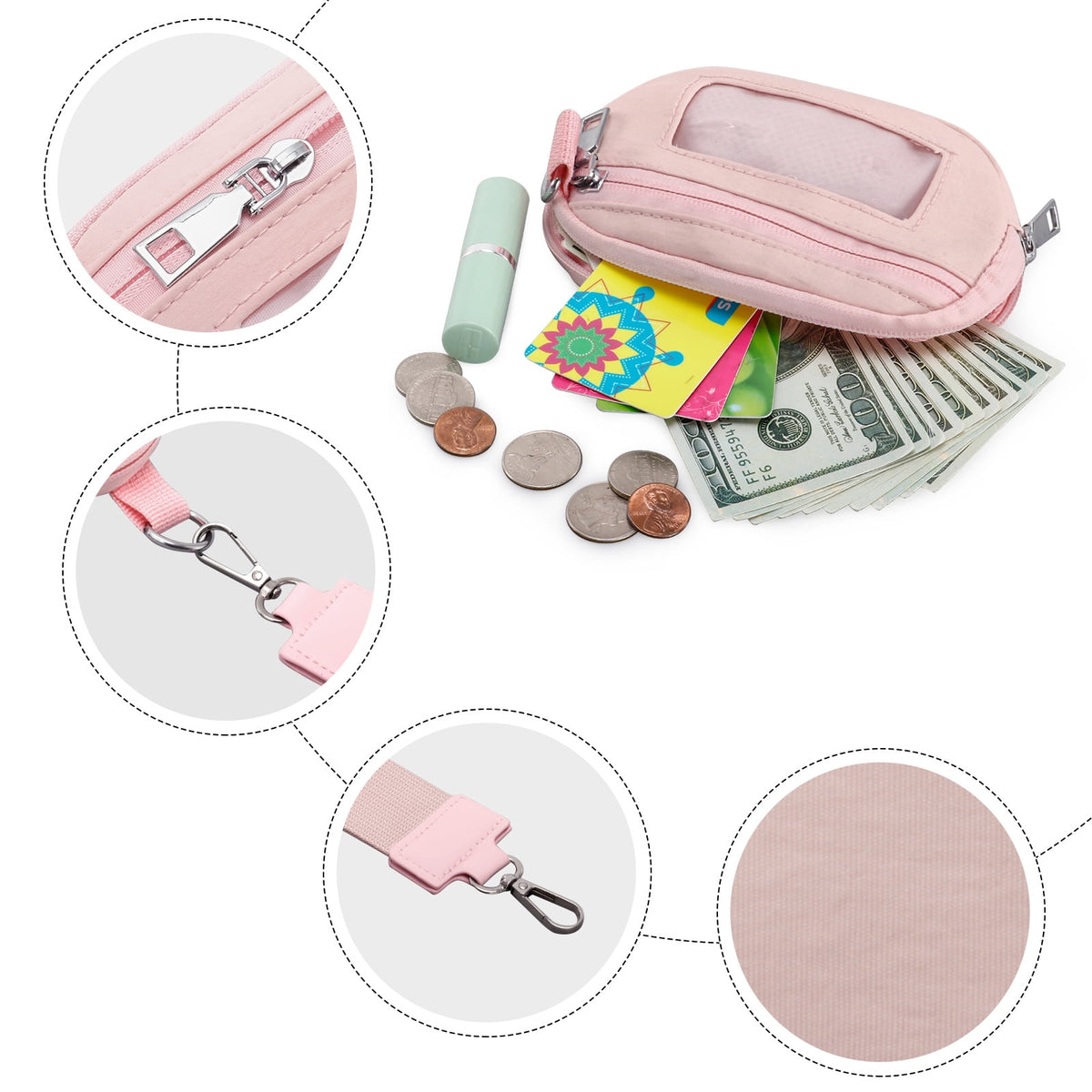URSOFINE Small Nylon Wristlet Wallet for Women – Zip-Around Mini Coin Purse with Clear ID Window & Detachable Strap, Lightweight Card Holder for Travel, Gym & Everyday Use （Black）