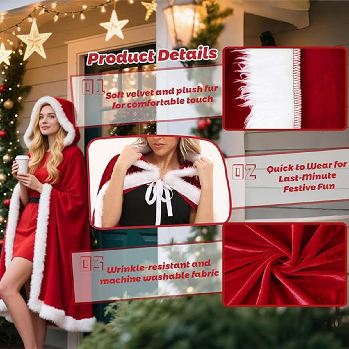 KAWELL Adult Christmas Santa Claus Robe Hooded Cloak, Mrs Santa Claus Velvet Hooded Cape Christmas Robe