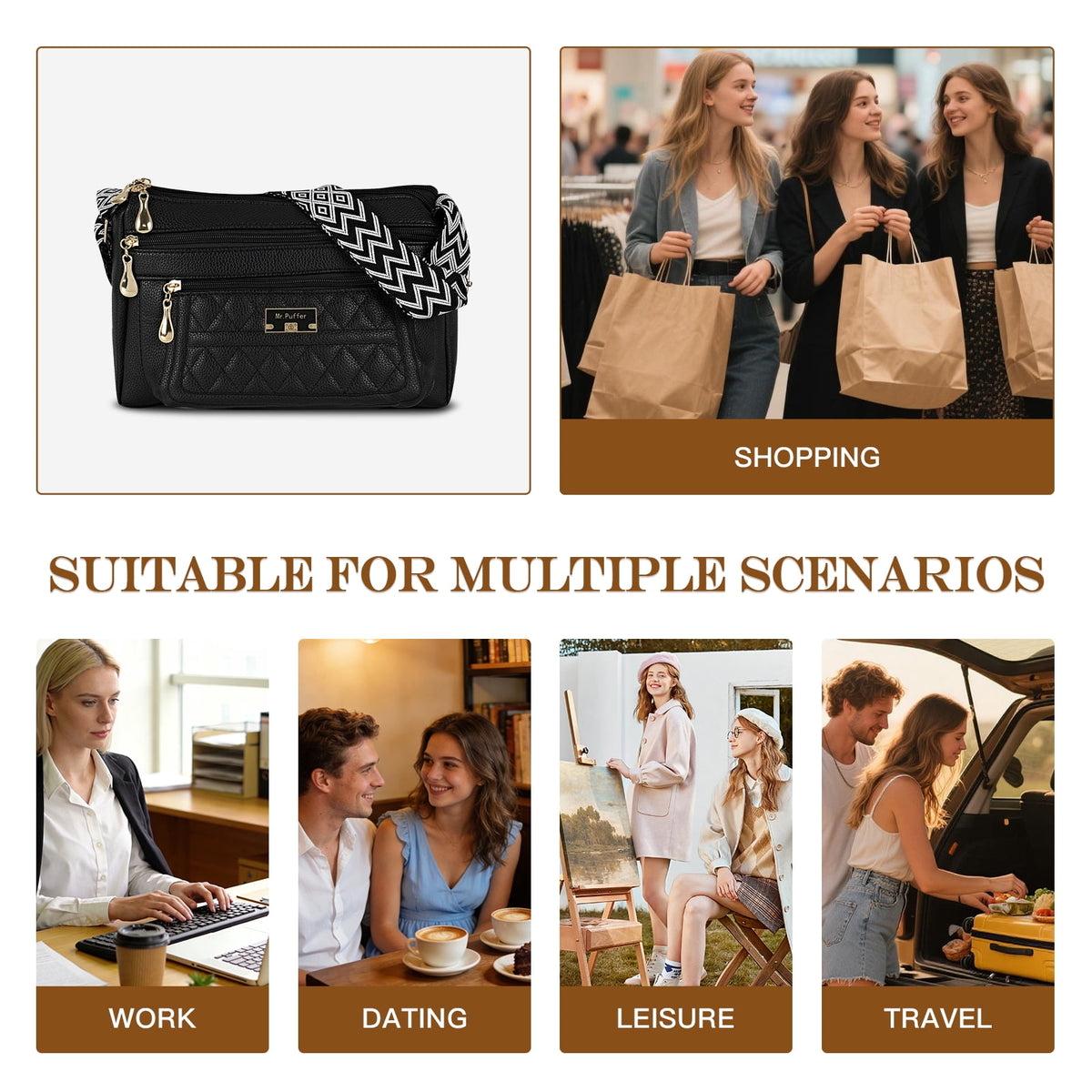 URSOFINE Quilted PU Leather Crossbody Bag for Women - Multi-Pocket Shoulder Bag with Adjustable Geometric Strap