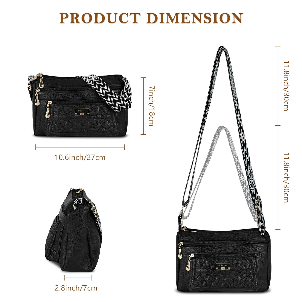 URSOFINE Quilted PU Leather Crossbody Bag for Women - Multi-Pocket Shoulder Bag with Adjustable Geometric Strap