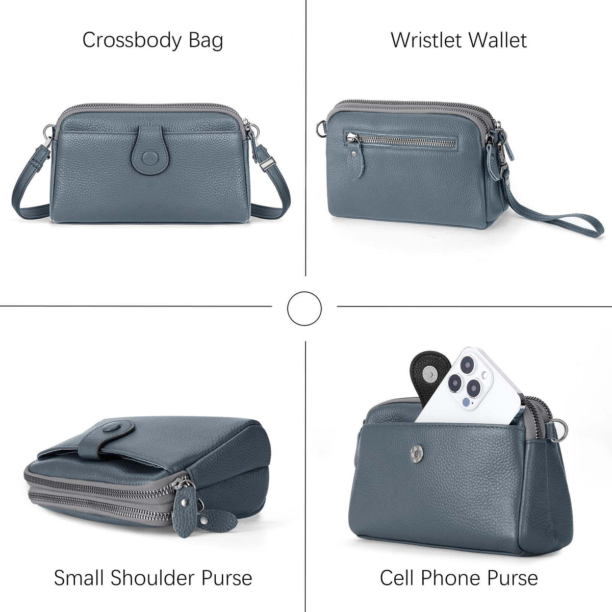 KAWELL Genuine Leather Wristlet Clutch Wallet Purses Small Crossbody Bags Shoulder Handbag for Women, Silver Zipper