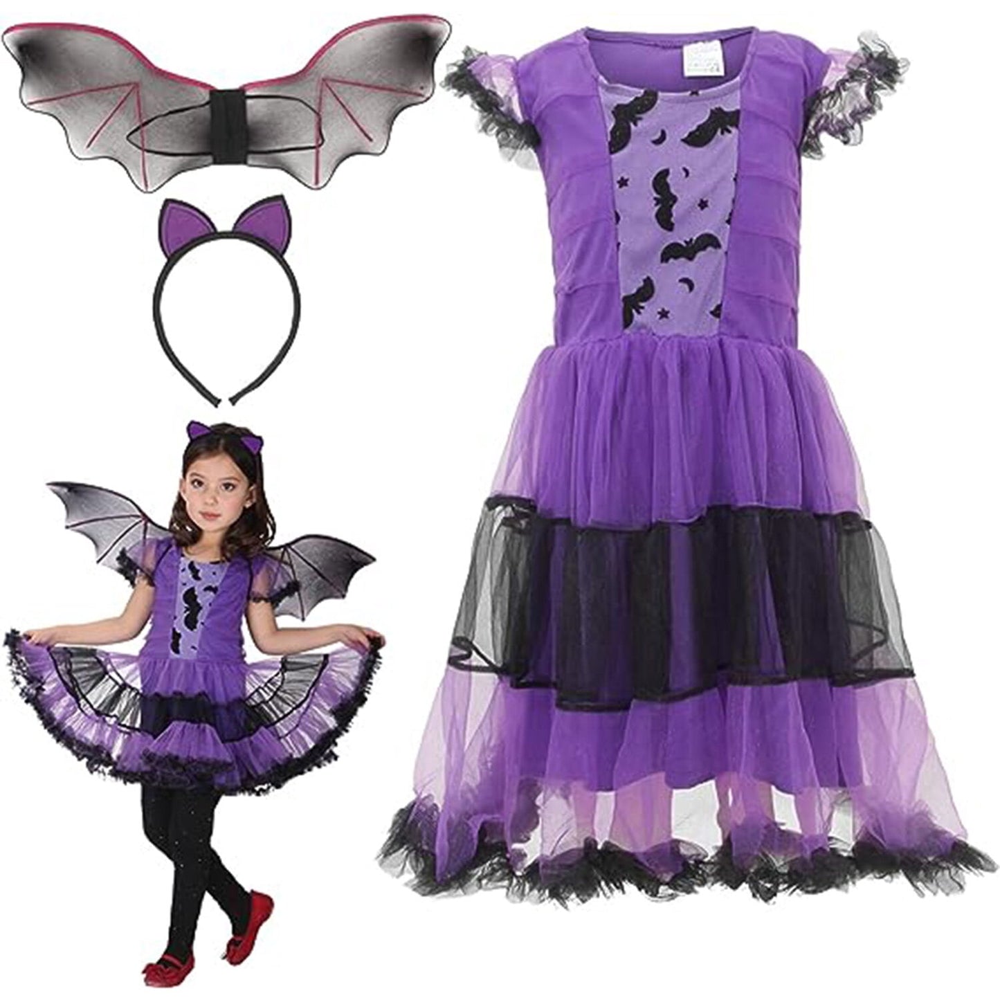 URSOFINE Girls Bat Vampire Costume Kids Halloween Clothes Animal Cosplay Purple Dress
