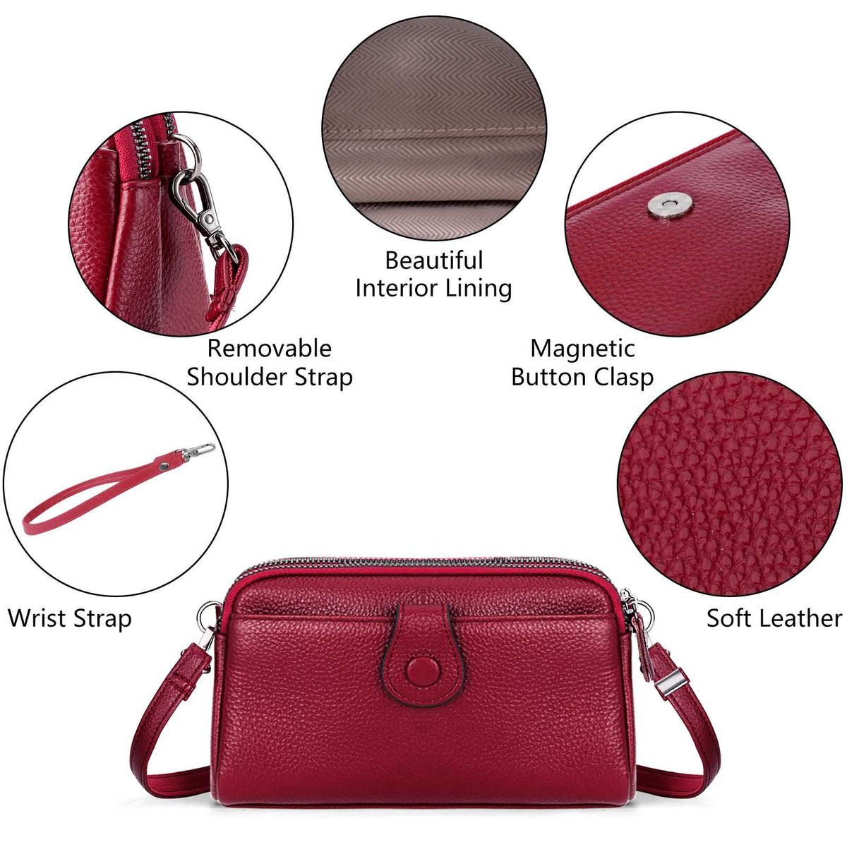 KAWELL Genuine Leather Wristlet Clutch Wallet Purses Small Crossbody Bags Shoulder Handbag for Women, Silver Zipper