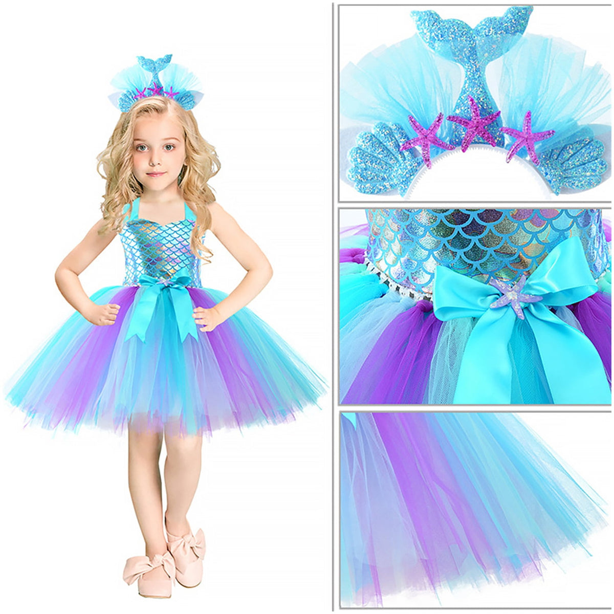 KAWELL Mermaid Tutu Dress Birthday Party Halloween Princess Costume with Headband (Purple)
