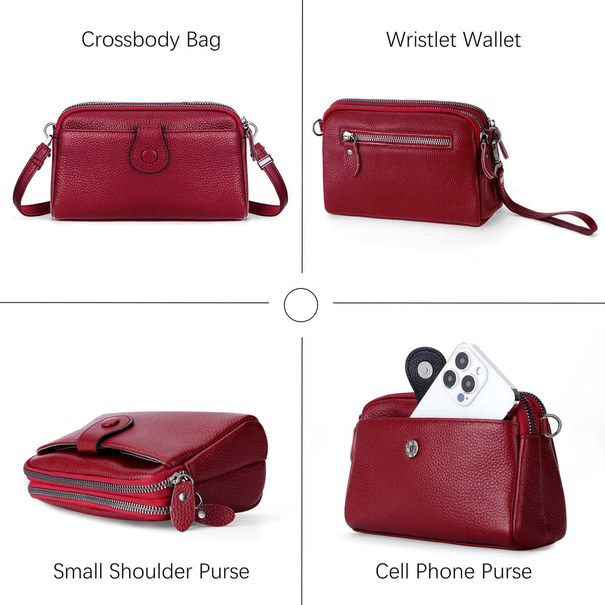 KAWELL Genuine Leather Wristlet Clutch Wallet Purses Small Crossbody Bags Shoulder Handbag for Women, Silver Zipper