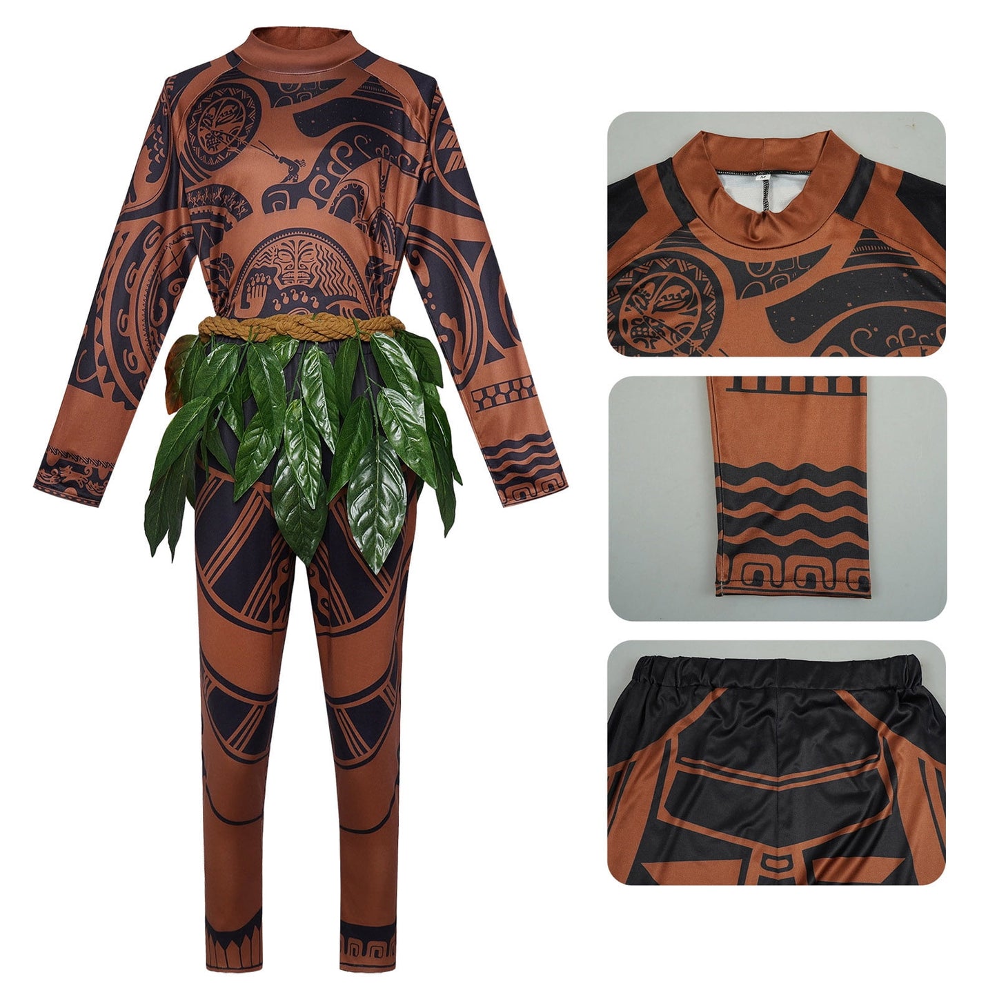 URSOFINE Island Warrior Costume for Men, Hawaiian Tattoo Costumes with Leaf Belt Black Wigs for Halloween, Ocean Theme Party Dress Up
