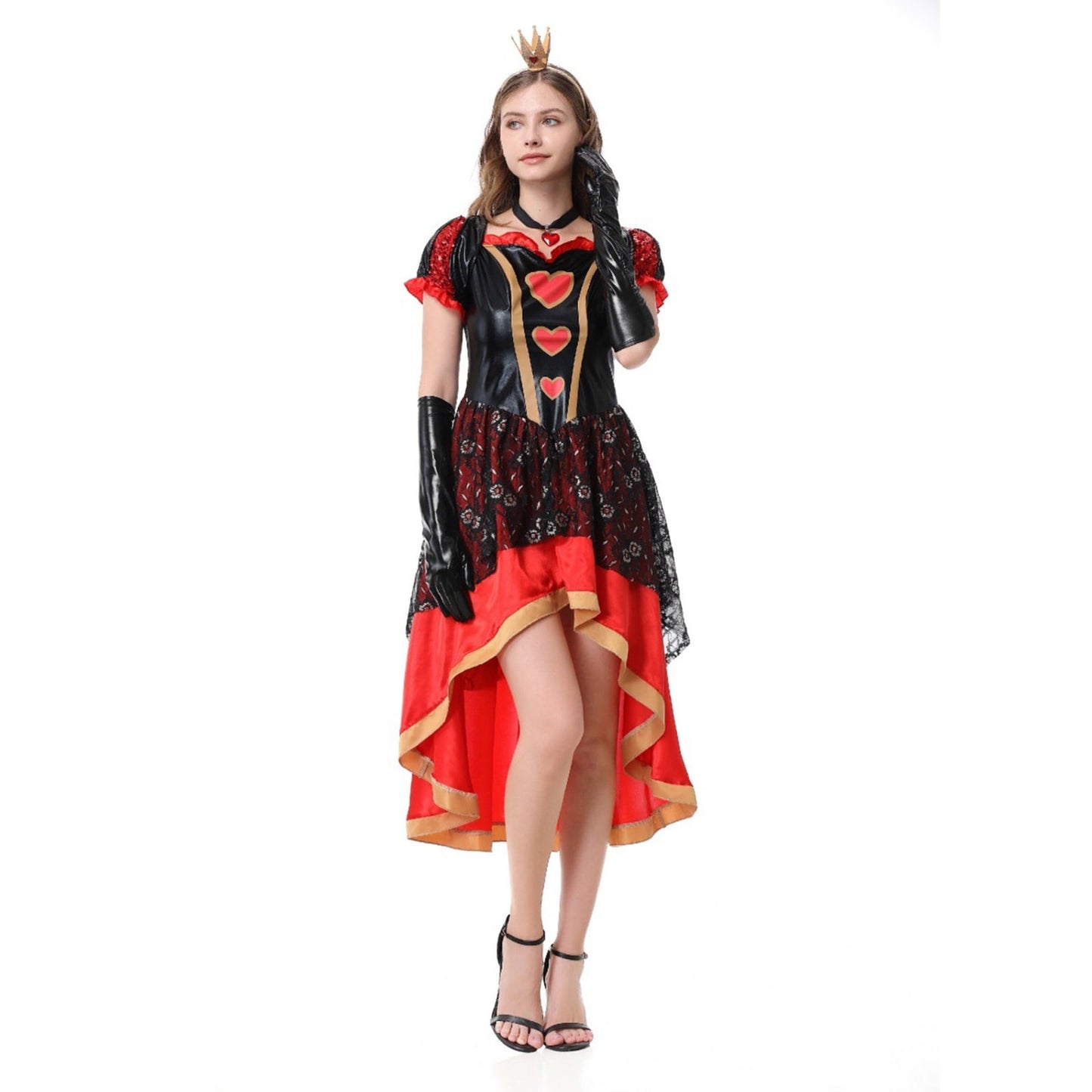 URSOFINE Women's Heart Queen Costume Set, Black Red Lace High Low Dress with Crown Gloves for Halloween Fancy Dress Party