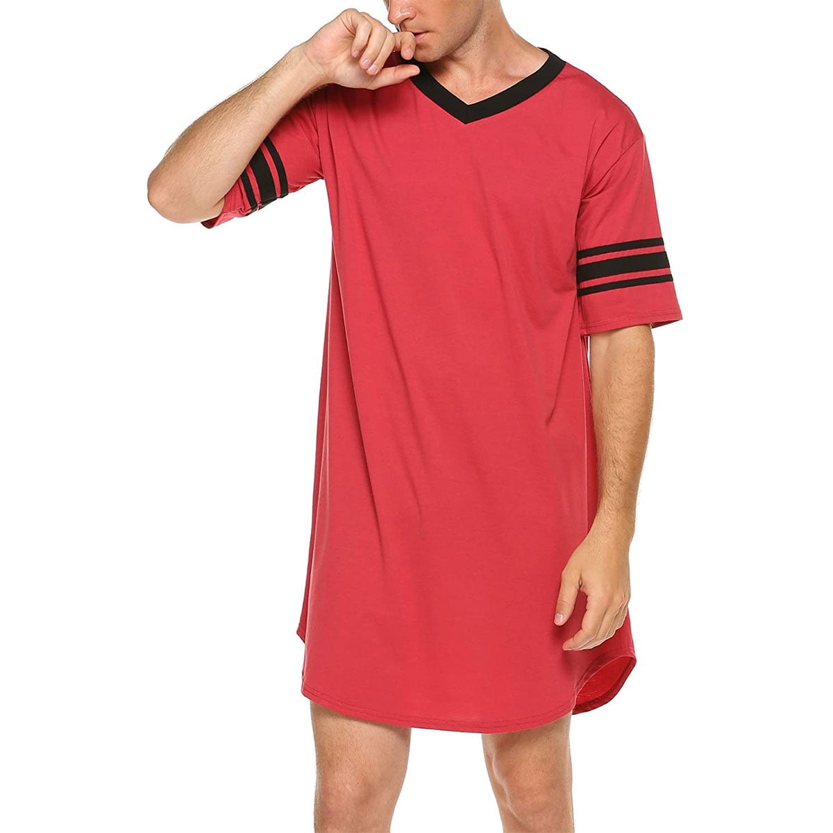 KAWELL Men's Nightshirt, Cotton Nightwear Comfy Big&Tall V Neck Short Sleeve Soft Loose Pajama Sleep Shirt