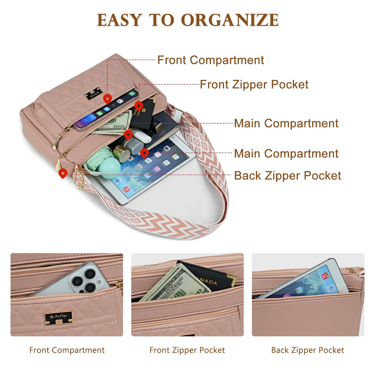 URSOFINE Quilted PU Leather Crossbody Bag for Women - Multi-Pocket Shoulder Bag with Adjustable Geometric Strap