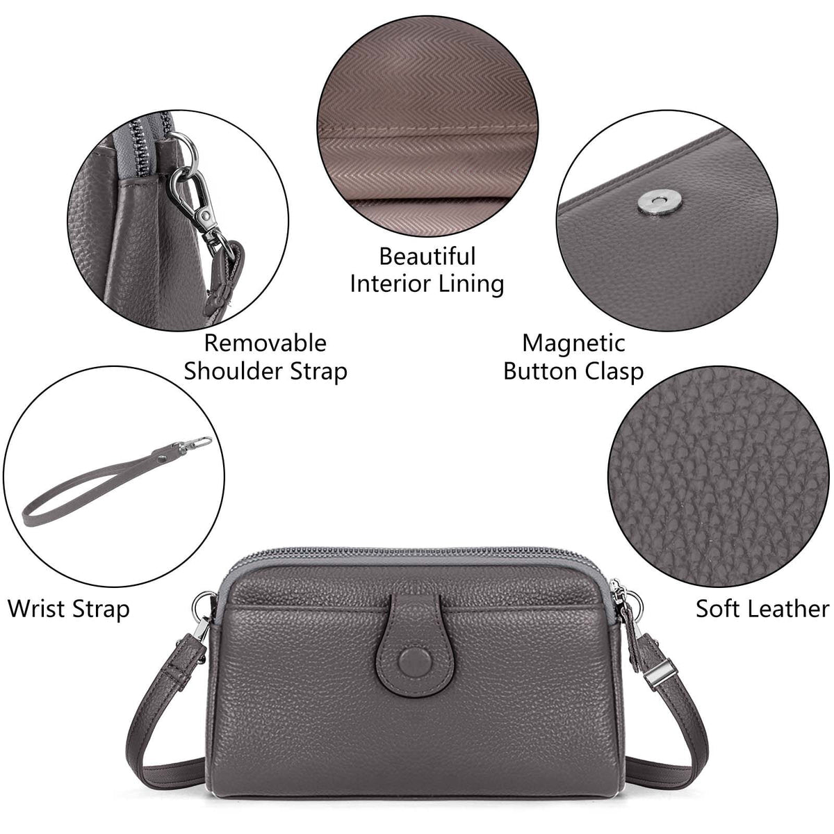KAWELL Genuine Leather Wristlet Clutch Wallet Purses Small Crossbody Bags Shoulder Handbag for Women, Silver Zipper