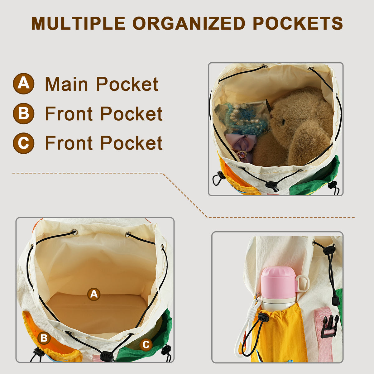 URSOFINE Color Block Drawstring Backpack Lightweight Large Capacity Casual Daypack