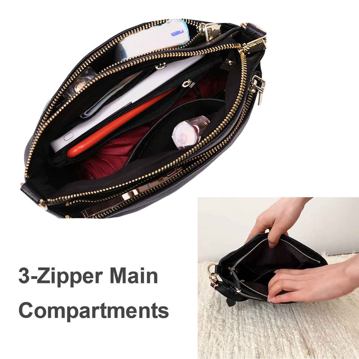 URSOFINE Women's Genuine Leather Crossbody Purse Multi-Zipper Bucket Bag Lightweight Casual Shoulder Bag for Everyday & Travel