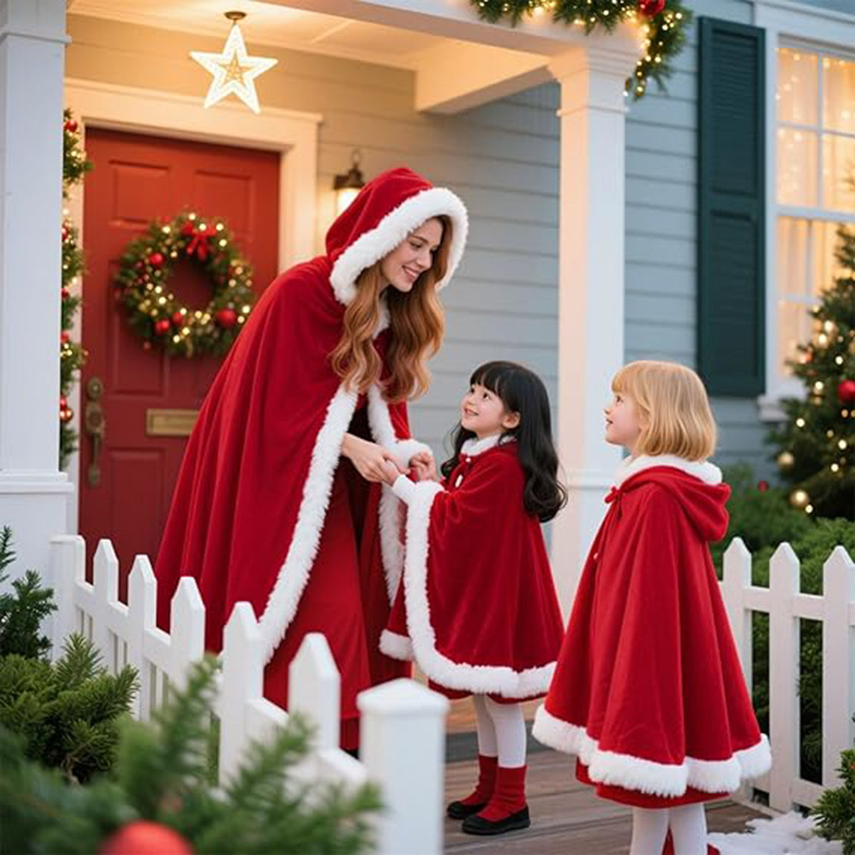 KAWELL Adult Christmas Santa Claus Robe Hooded Cloak, Mrs Santa Claus Velvet Hooded Cape Christmas Robe