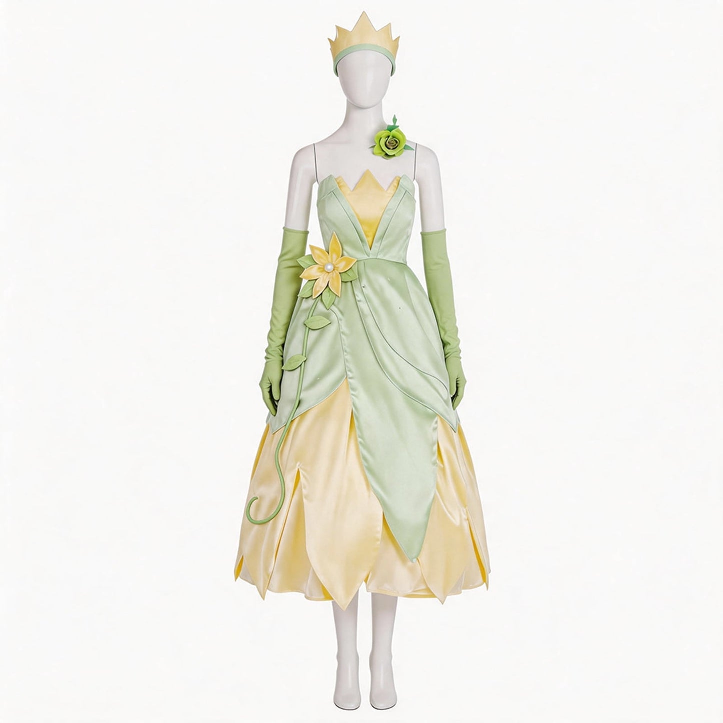 URSOFINE Princess Tiana Costume Women Green Flower Headband Gloves Halloween Fairy Dress Cosplay Outfits