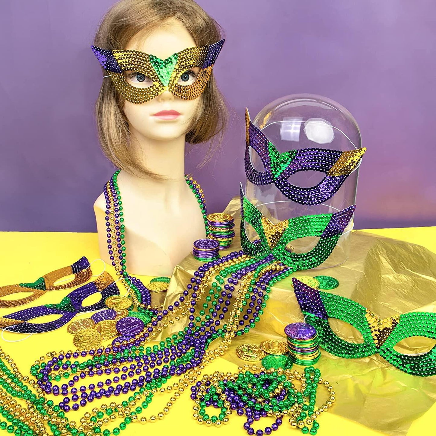 Mardi Gras Beads Necklaces Mask Coins Party Favors Set, 124pcs Mardi Gras Accessories Decorations Bulk for Kids Women Men Parades Carnival Games Toy Masquerade Party Decor Supplies
