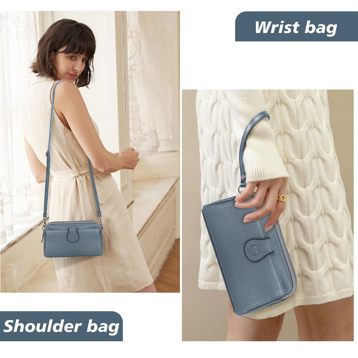 KAWELL Genuine Leather Wristlet Clutch Wallet Purses Small Crossbody Bags Shoulder Handbag for Women, Silver Zipper
