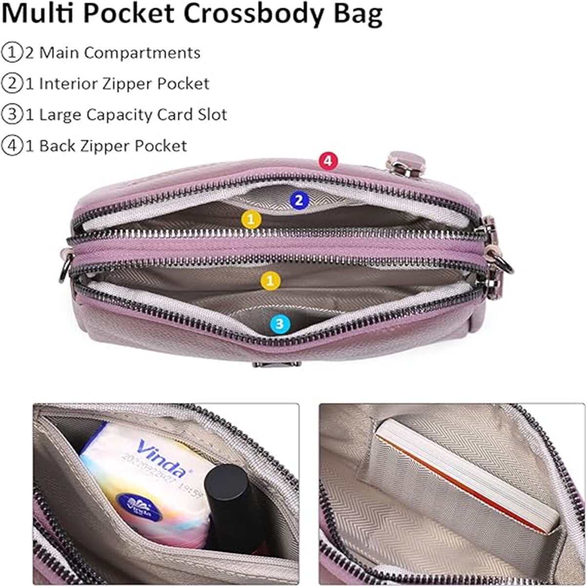 KAWELL Crossbody Bags for Women Genuine Leather Shoulder Purse Cross Body Bag with Wristlet Top Zipper