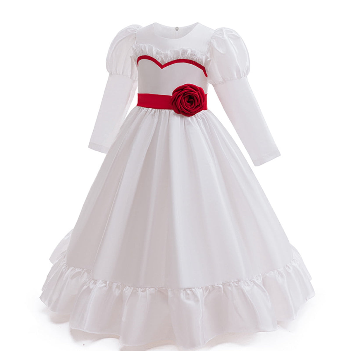 KAWELL Halloween Scary White Dress Horror Movie Party Long Dress Cosplay Costume with Wig