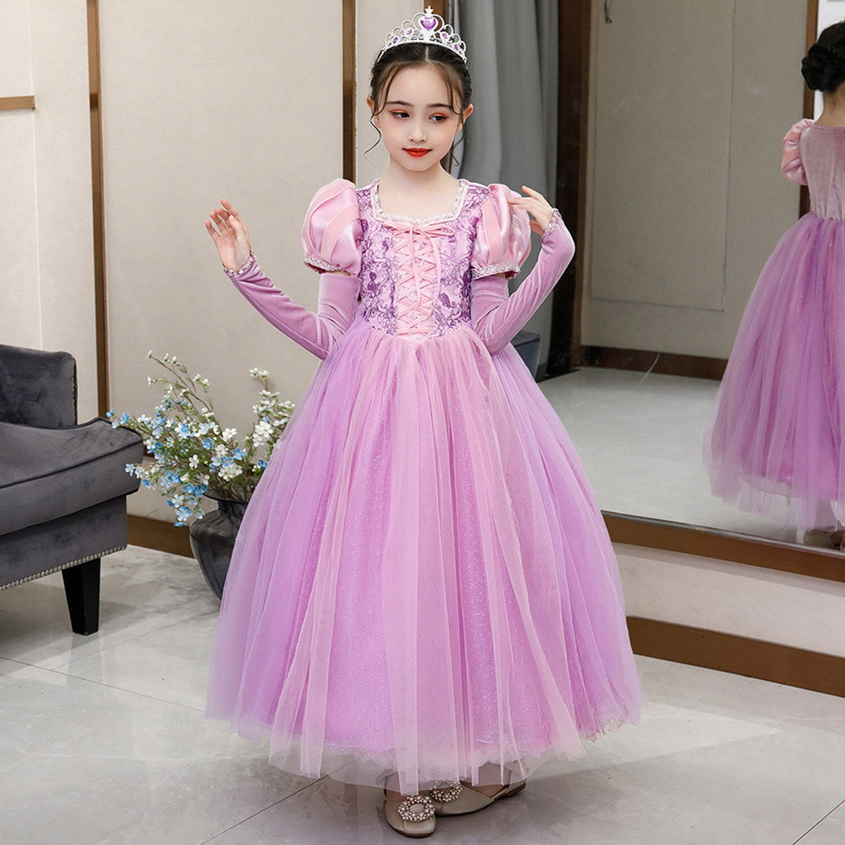 KAWELL Girls' Purple Princess Sofia Costume Halloween Masquerade Ball Dress with Sleeves