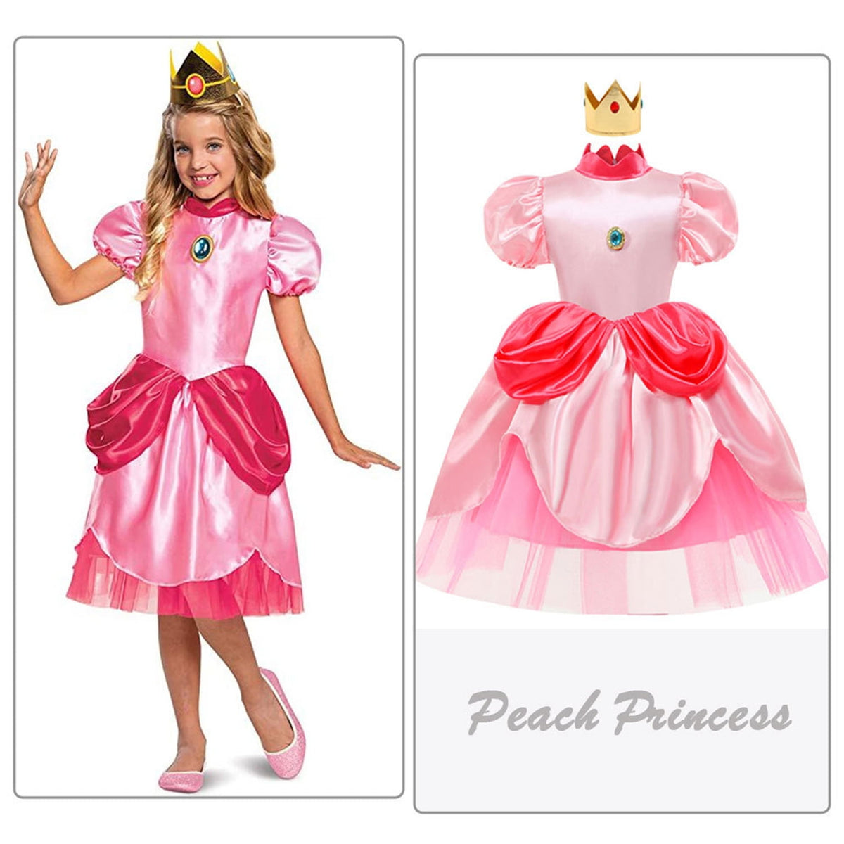 KAWELL Pink Peach Costume Dress Birthday Party Princess Costume Gift Halloween Party Dress Up With Crown