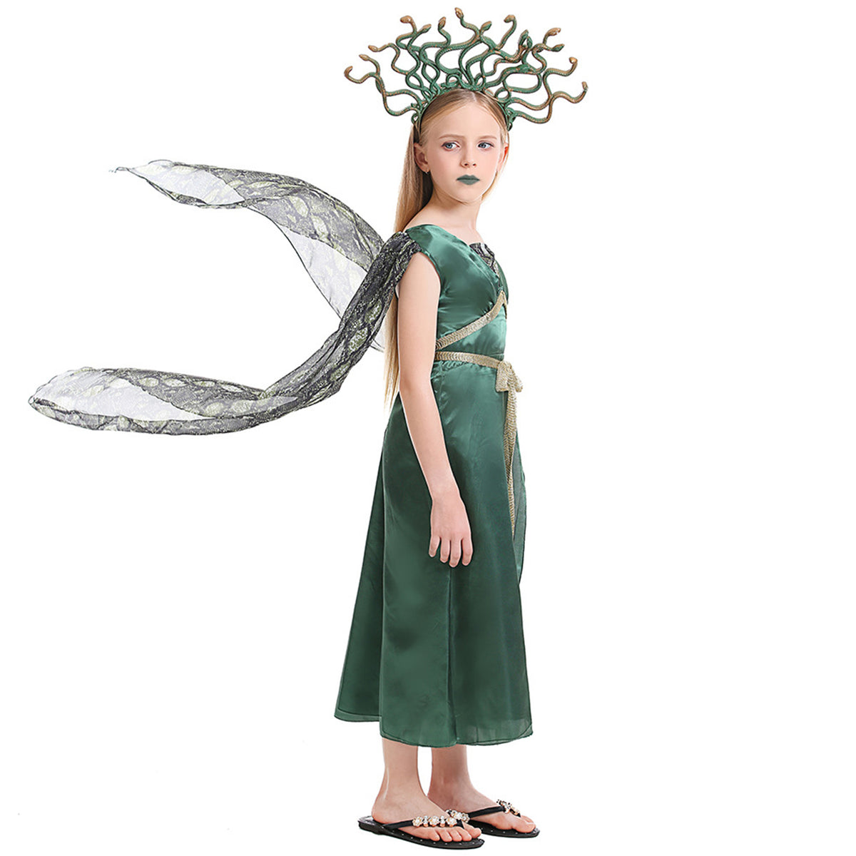 KAWELL Green Costume with Headpiece Green Dress for Halloween Dress Up