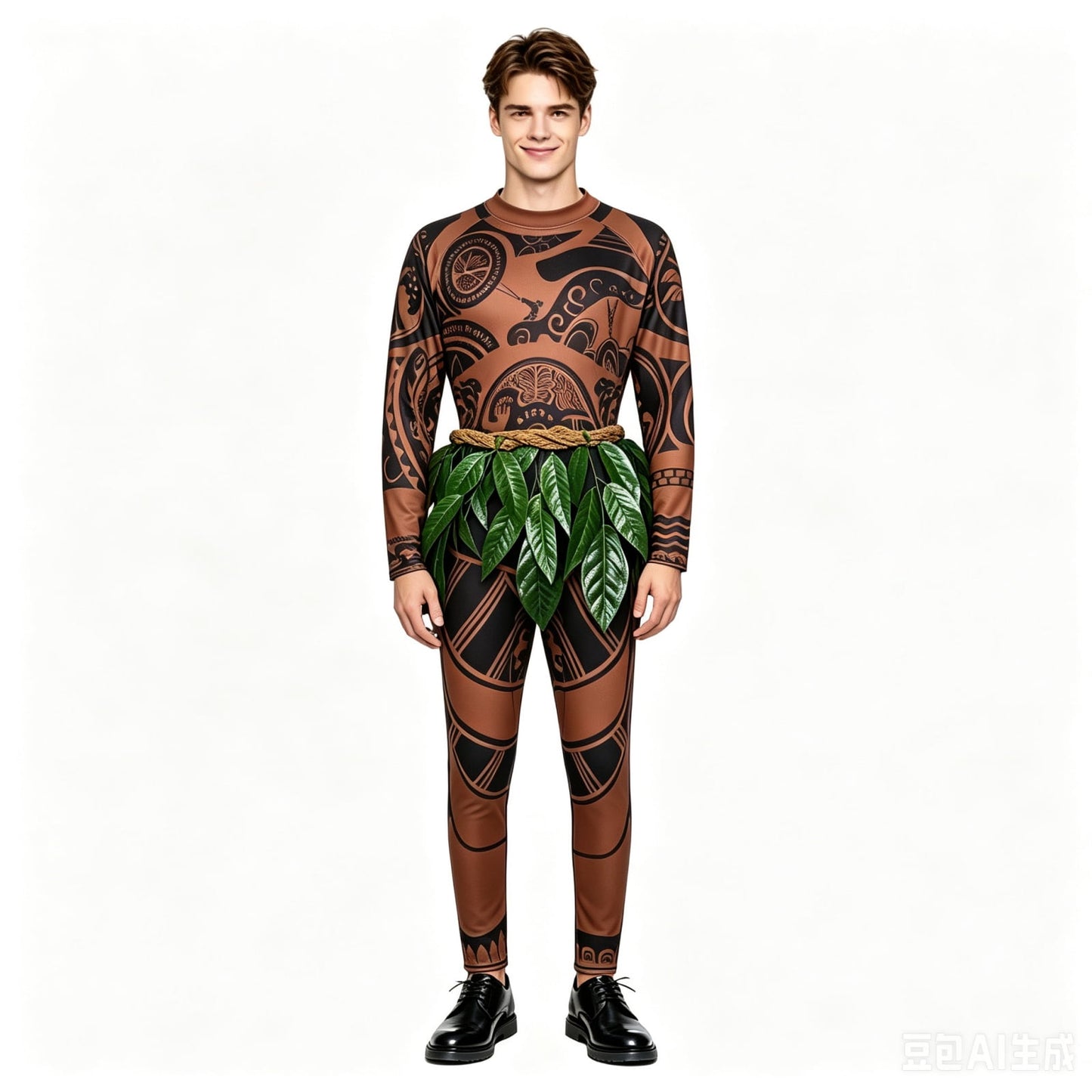 URSOFINE Island Warrior Costume for Men, Hawaiian Tattoo Costumes with Leaf Belt Black Wigs for Halloween, Ocean Theme Party Dress Up