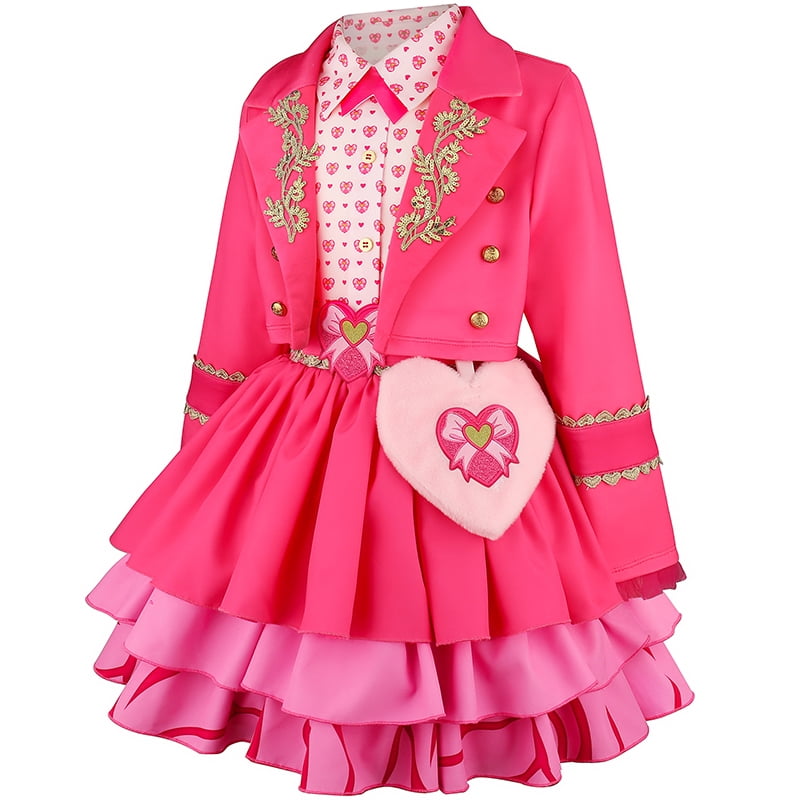 KAWELL Pink Magical Cosplay Costume Set, 3-10Y All-in-One Shirt Skirt Dress with Crop Jacket & Heart Plush Purse, Halloween Birthday Princess Fancy Dress Up Outfit