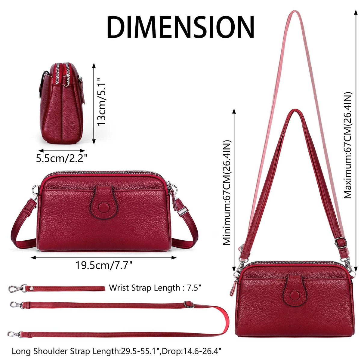 KAWELL Genuine Leather Wristlet Clutch Wallet Purses Small Crossbody Bags Shoulder Handbag for Women, Silver Zipper