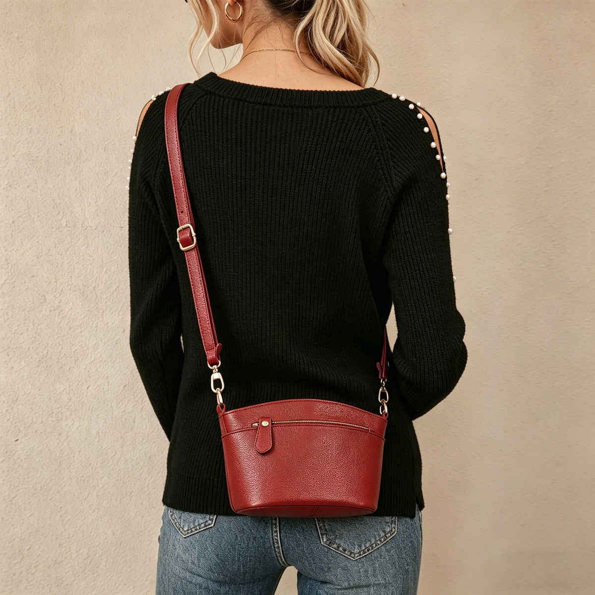 URSOFINE Women's Genuine Leather Crossbody Purse Multi-Zipper Bucket Bag Lightweight Casual Shoulder Bag for Everyday & Travel