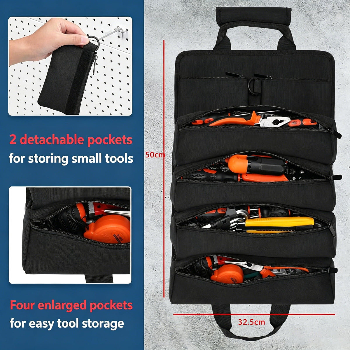 URSOFINE Rolling Tool Bag, Heavy-Duty Oxford Cloth Tool Roll Organizer with 6 Pockets, Detachable Pouches & Water-Resistant Design for Electricians, Carpenters & Maintenance Workers