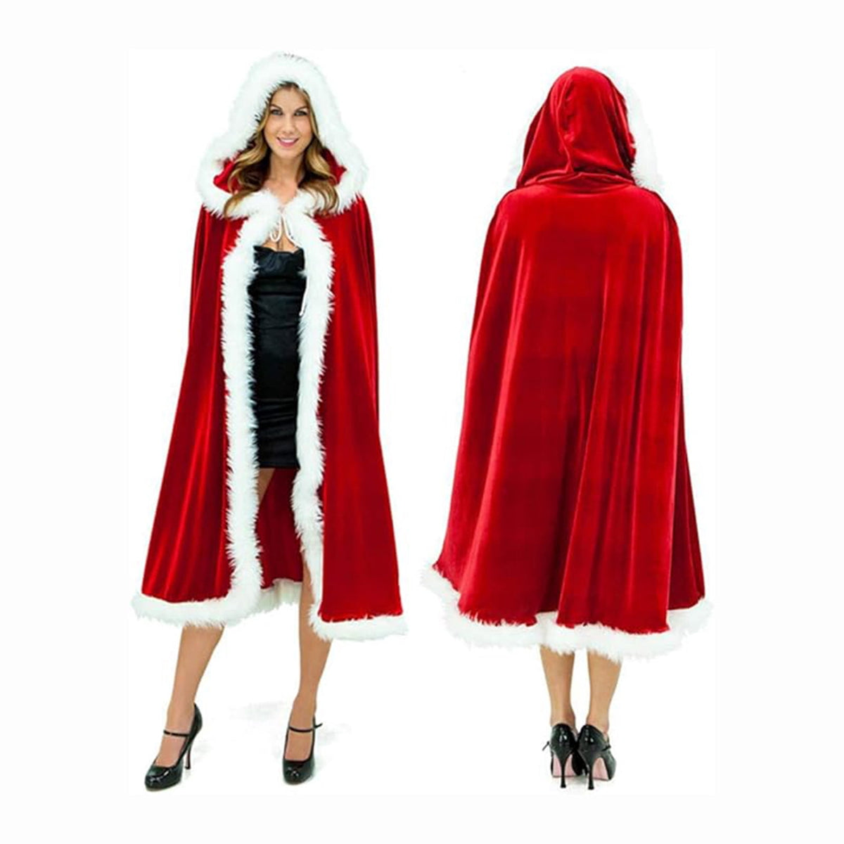 KAWELL Adult Christmas Santa Claus Robe Hooded Cloak, Mrs Santa Claus Velvet Hooded Cape Christmas Robe